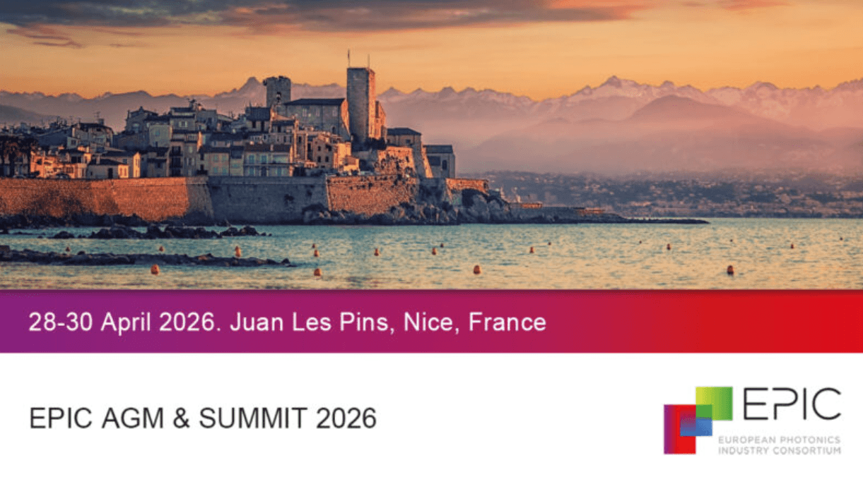 A coastal town with historic buildings and a castle at sunset, mountains in the background. Text reads: 28-30 April 2026. Juan Les Pins, Nice, France. EPIC AGM & SUMMIT 2026 with the EPIC logo.