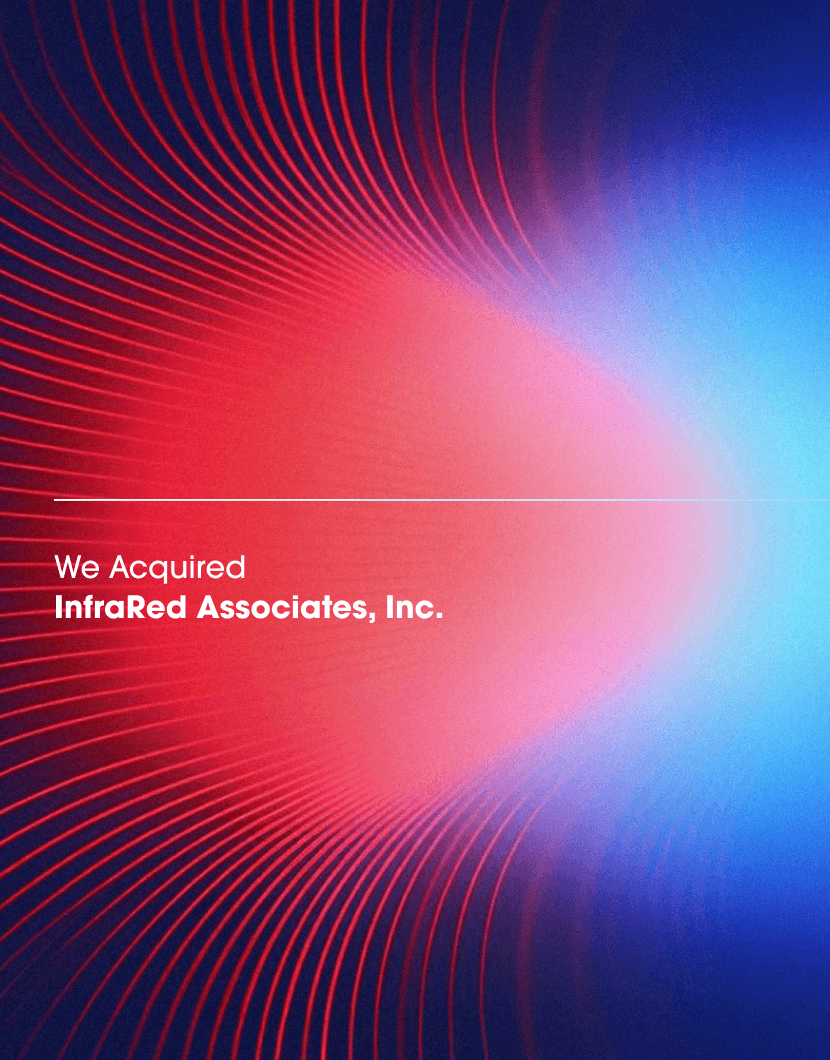 Abstract background with red and blue gradients and curved red lines. White text reads: We Acquired InfraRed Associates, Inc.