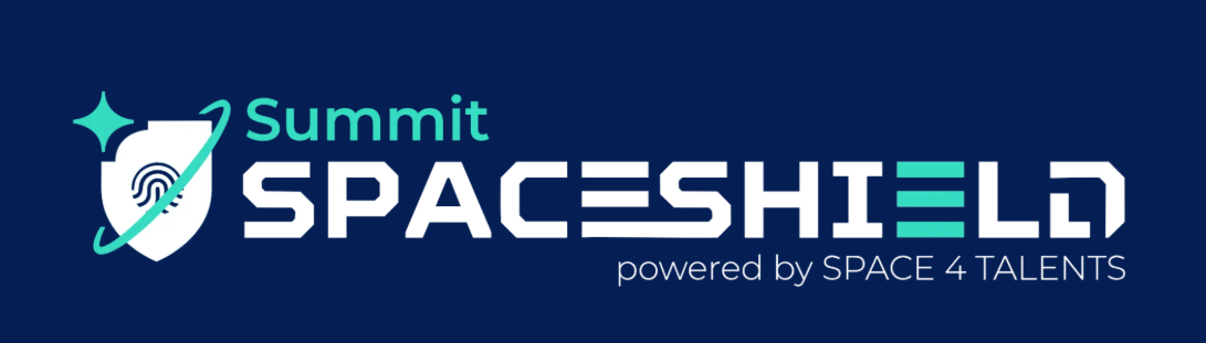 Logo for Summit SPACESHIELD powered by SPACE 4 TALENTS, featuring a shield with a fingerprint and orbit ring on a dark blue background.