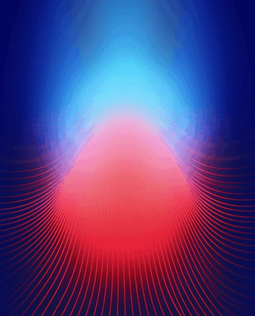 Abstract digital artwork featuring a glowing red and blue gradient cone shape, with radiating red curved lines at the base, set against a dark blue background. The overall effect is vibrant and futuristic.