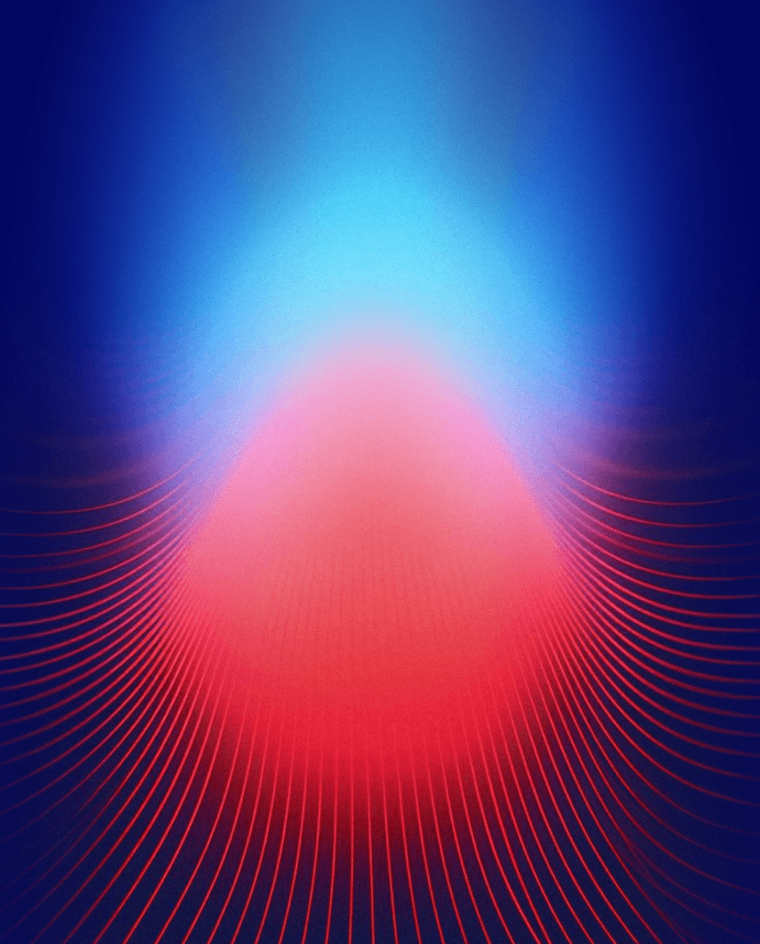 Abstract digital artwork featuring a glowing red and blue gradient cone shape, with radiating red curved lines at the base, set against a dark blue background. The overall effect is vibrant and futuristic.