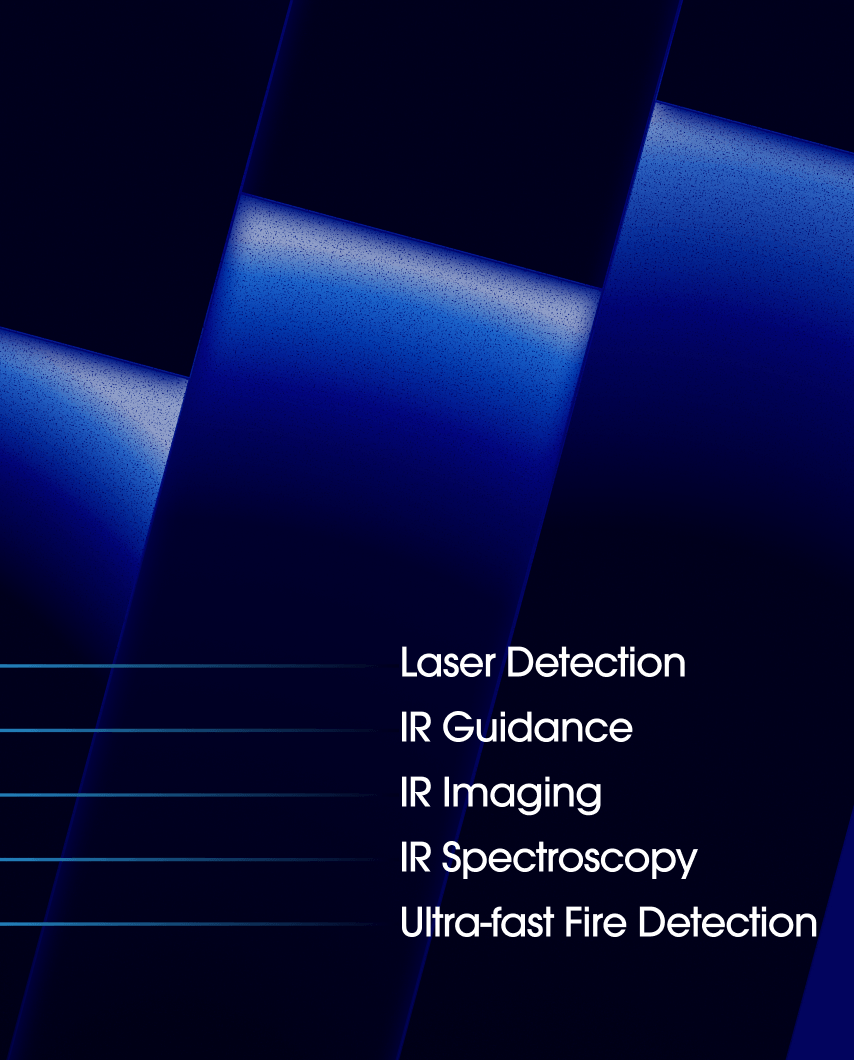 Abstract blue lines on a dark background with a list of technologies in white text: Laser Detection, IR Guidance, IR Imaging, IR Spectroscopy, and Ultra-fast Fire Detection.