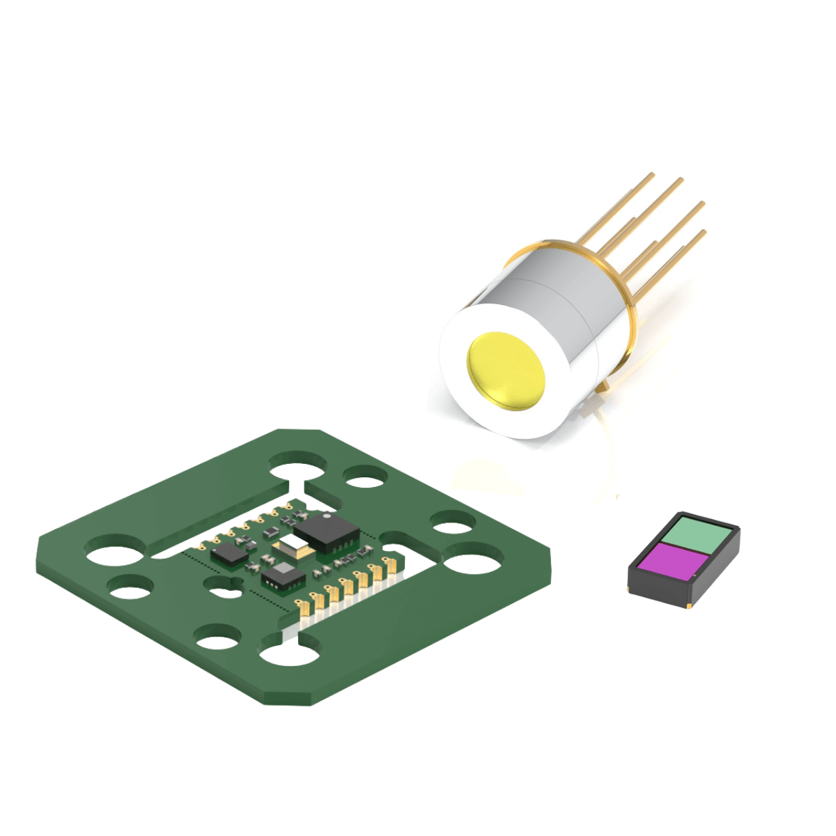 A green square circuit board with electronic components, a cylindrical metallic sensor with gold pins, and a small rectangular sensor with purple and green sections on a white background.