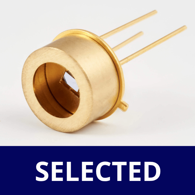 A gold-colored electronic component with three protruding pins is shown above a blue background with the word SELECTED written in bold white letters.
