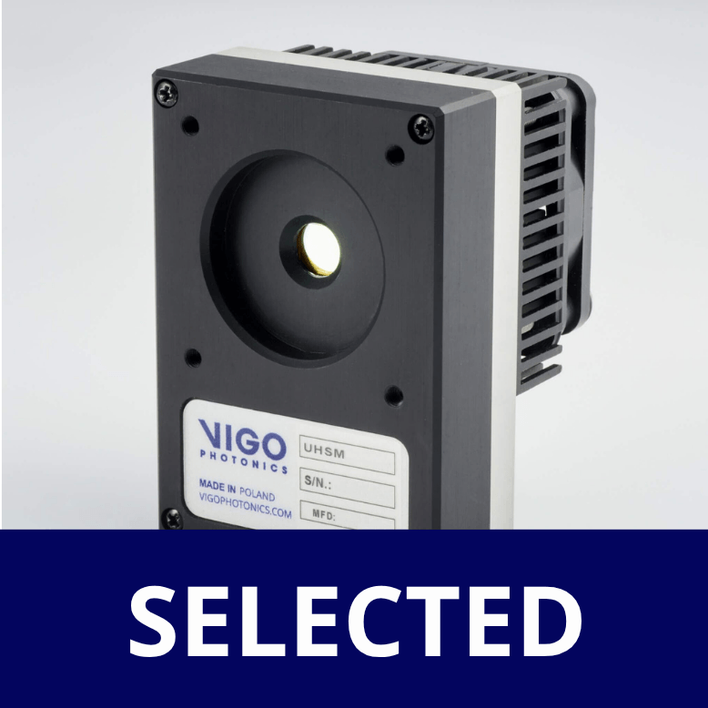 A black and silver electronic device labeled VIGO Photonics with a circular sensor is shown above a blue box with the word SELECTED in bold white letters.