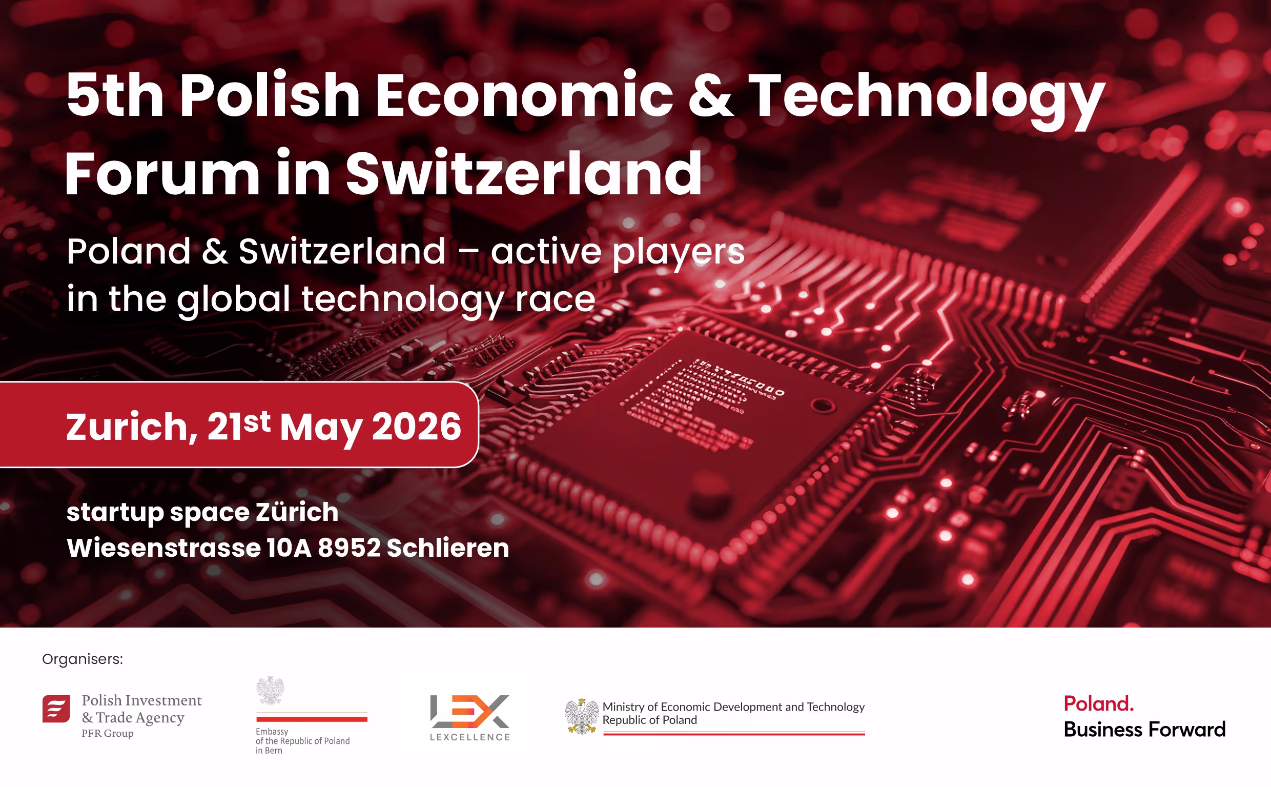 Event banner for the 5th Polish Economic & Technology Forum in Switzerland, with a red circuit board background, event details for May 21, 2026, and logos of the organizers at the bottom.