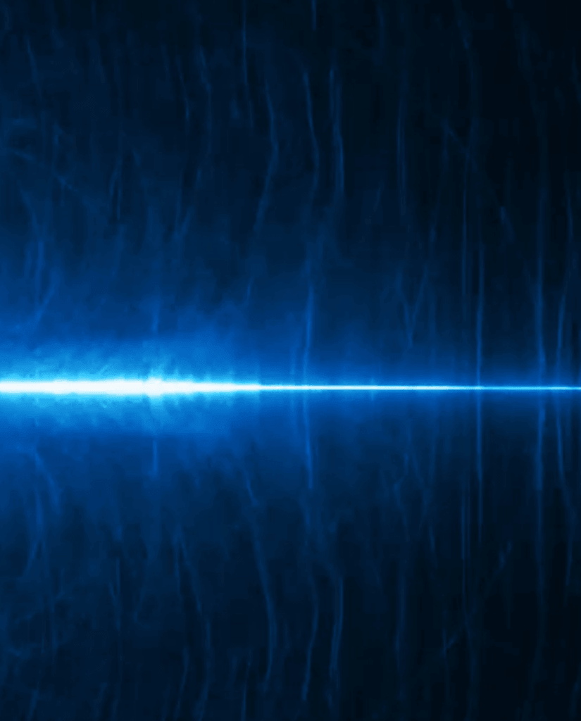 A bright, horizontal blue light beam cuts across a dark background with faint, wavy lines and glowing effects, creating a futuristic, energetic atmosphere.