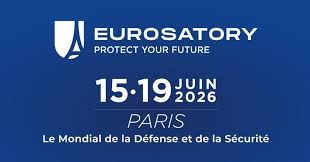Blue promotional banner for Eurosatory 2026 with event logo, dates 15-19 juin 2026, location Paris, and the tagline Le Mondial de la Défense et de la Sécurité.