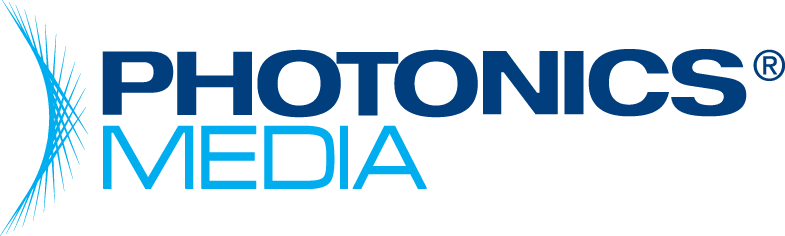 Logo for Photonics Media, featuring stylized blue intersecting lines on the left and the words PHOTONICS MEDIA in bold blue and light blue text on a light background.