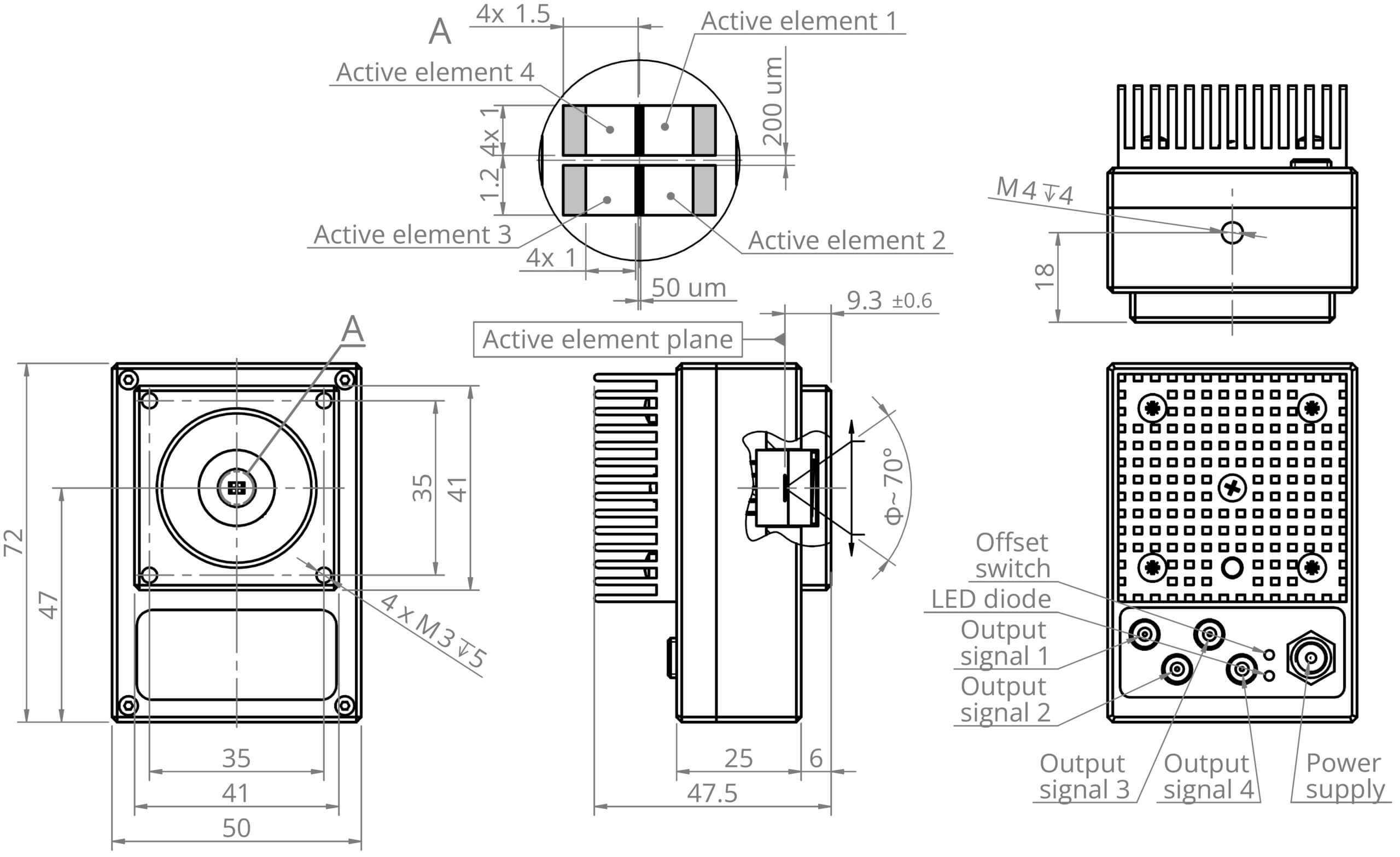 Technical drawing of an electronic device with labeled dimensions, side and top views, showing elements such as active elements, cooling fins, output signals, LED diode, power supply, and various measurements in millimeters.