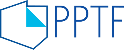 Logo featuring a blue outlined geometric shape with a light blue triangle inside, next to bold blue letters PPTF on a light gray background.