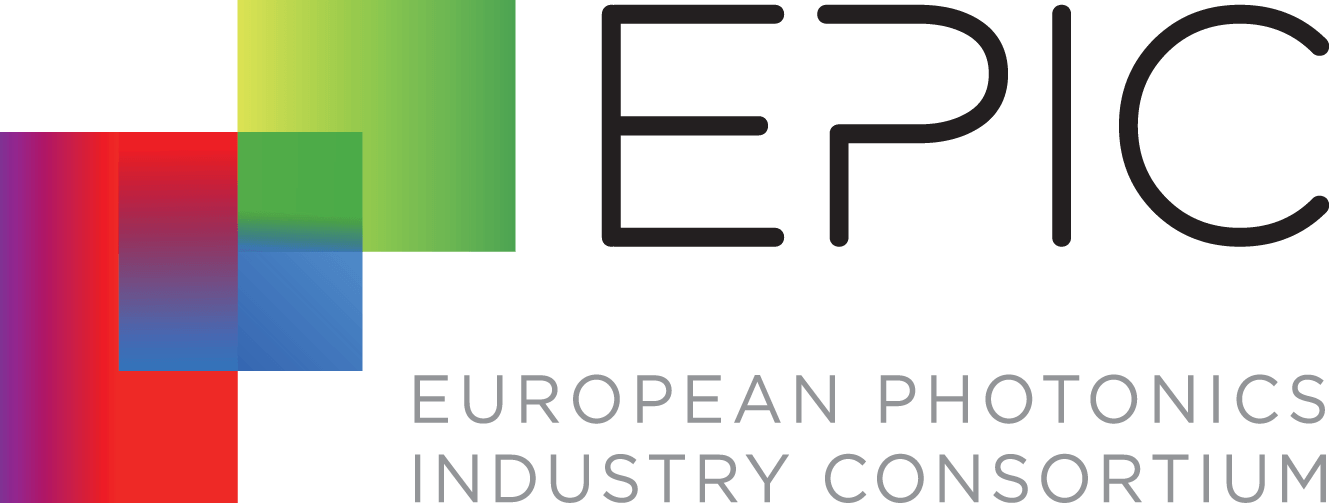 EPIC logo with colorful overlapping squares on the left and large text EPIC beside it. Below, smaller gray text reads European Photonics Industry Consortium.