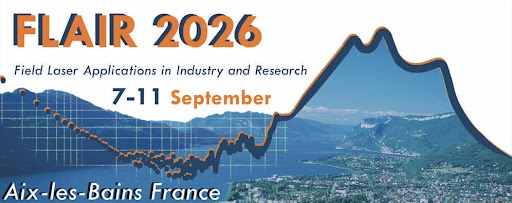 Banner for FLAIR 2026 with text: Field Laser Applications in Industry and Research, 7–11 September, Aix-les-Bains, France. Features mountains, a lake, and a graph overlay.