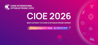 Banner for the China International Optoelectronic Expo 2026, with event dates September 9-11, 2026, at Shenzhen World. The background is purple with icons and white and yellow text.