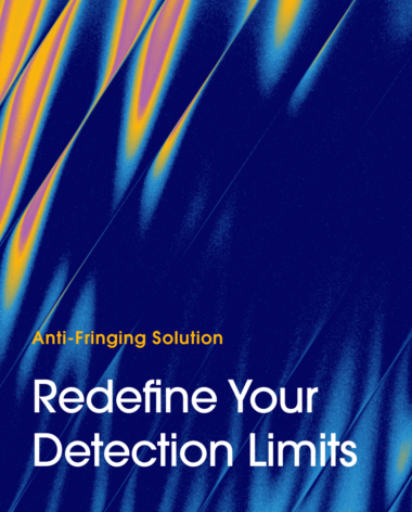 Abstract blue background with diagonal streaks in yellow, orange, and purple. Text reads: Anti-Fringing Solution. Redefine Your Detection Limits.