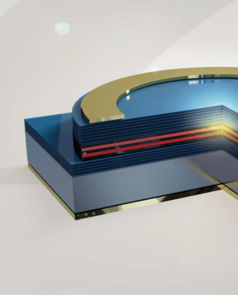 A digital 3D rendering of layered blue and gold shapes, forming a partial circular structure with a red stripe in the middle, set against a light background with subtle reflections and highlights.