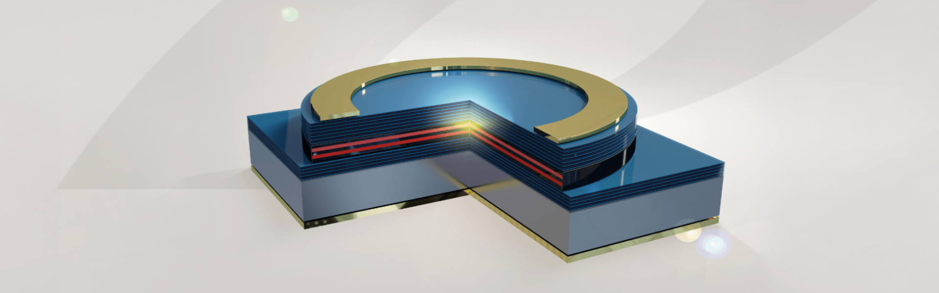 A blue, modern, abstract building with a gold ring on top and red accents on the side, set against a light background with soft lens flares.