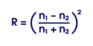 The image shows the equation: R = ((n₁ - n₂) / (n₁ + n₂))², representing the reflection coefficient formula.