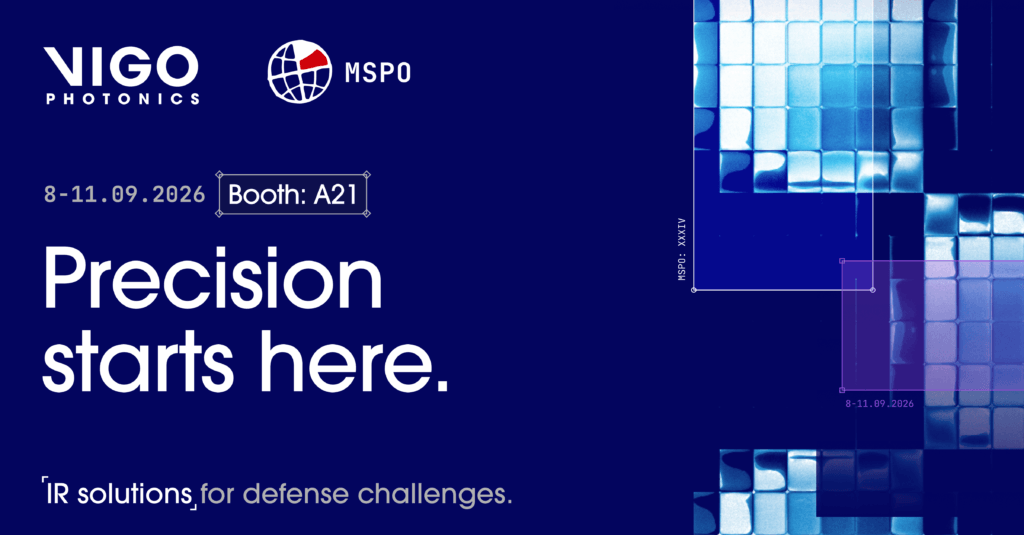 Blue promotional banner for VIGO Photonics at MSPO 2026, booth A21. Text reads Precision starts here and IR solutions for defense challenges with graphical blue and white tile patterns.