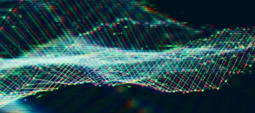 A digital abstract image shows colorful, wavy grids of light forming a 3D mesh pattern on a dark background, resembling data visualization or sound waves.