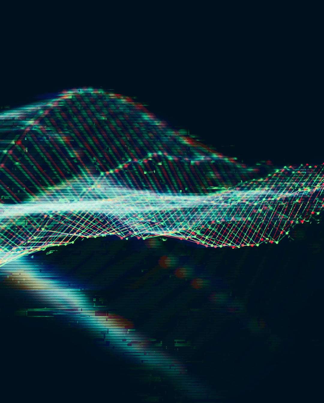 A digital abstract image shows colorful, wavy grids of light forming a 3D mesh pattern on a dark background, resembling data visualization or sound waves.