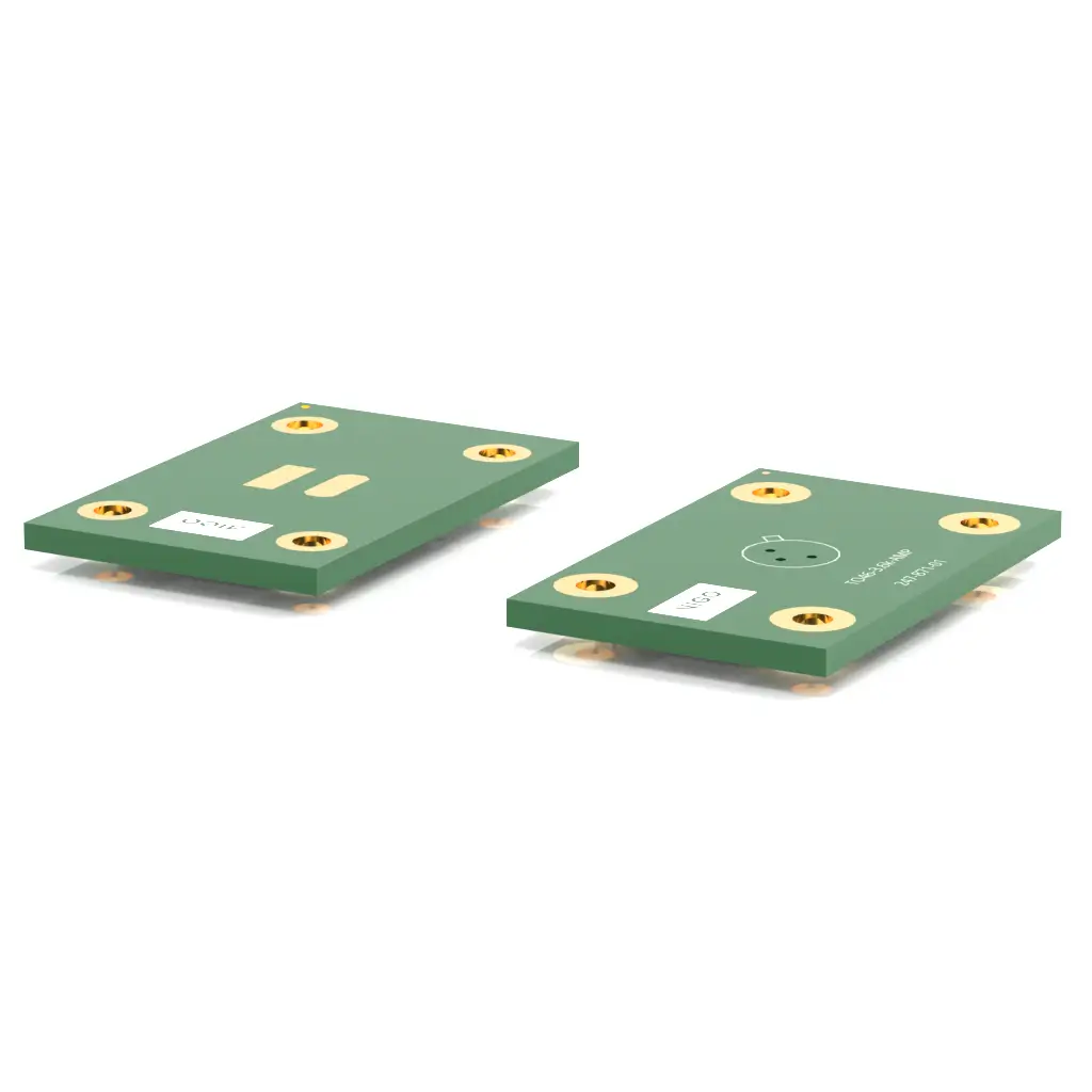 Two green rectangular electronic components with gold-colored contact points on each corner and white labels, displayed on a white background.