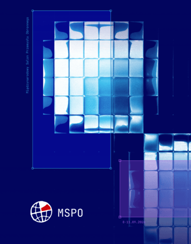 Abstract blue and white geometric shapes on a dark blue background, with the MSPO logo and event date 8–11.09.2020 displayed in the lower right corner. Text runs vertically along the left side.