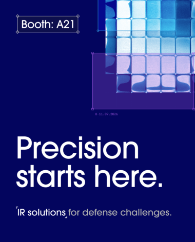Blue booth flyer with tiled blue pattern, text reads: “Booth: A21. Precision starts here. IR solutions for defense challenges.” Modern, geometric design, emphasizing technology and innovation.