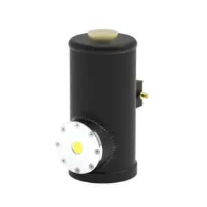A cylindrical black LN2 Dewar with a round, white, bolted front panel and a gold connector on the side. The top features a flat, beige circular cap. An example of cooled IR detector.