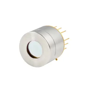 A small cylindrical TE cooled IR detector with a glass lens on one end and multiple gold pins extending from the opposite side.