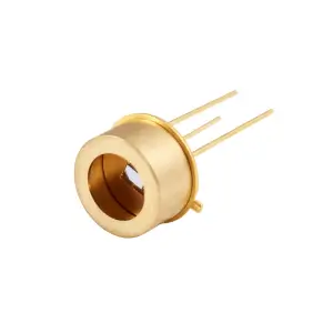 A gold-colored uncooled IR detector component with three metal pins and a circular opening, likely a photodiode or sensor. The body is cylindrical, and the pins extend outward for connection to a circuit.