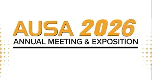 AUSA 2026 Annual Meeting & Exposition logo with bold orange text and a dotted design on the sides, set against a white background.