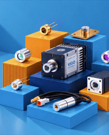Vigo Photonics optical sensor and camera modules arranged on colorful geometric pedestals.