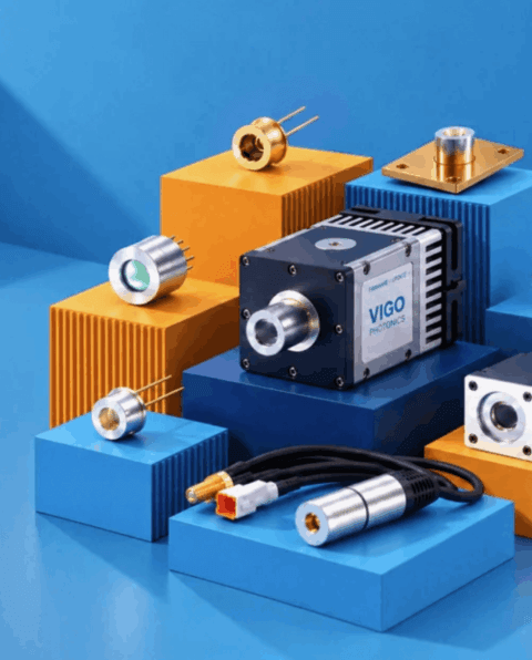 Vigo Photonics infrared detector components and sensors, incorporating advanced epitaxy, displayed on colorful geometric blocks.