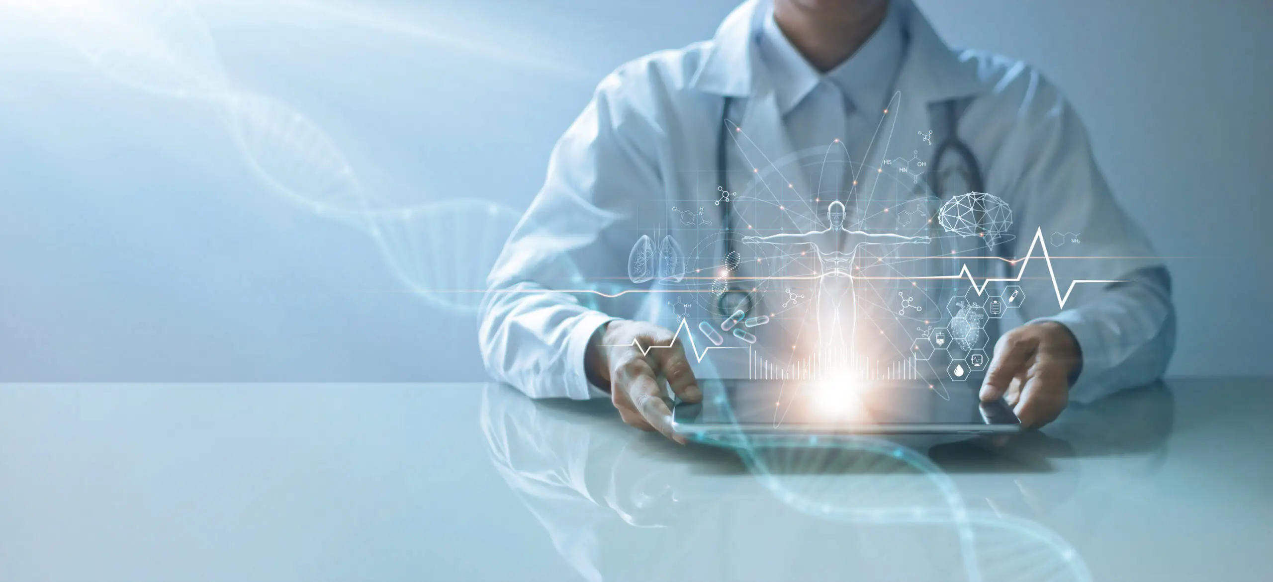 A person in a lab coat holding a tablet with digital holograms showing DNA strands, medical symbols, and a human figure. The scene conveys a futuristic medical technology concept.