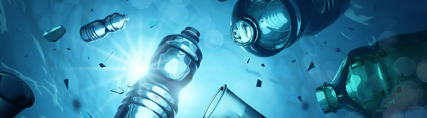 Plastic bottles and debris floating in blue water, illuminated by sunlight. The scene conveys the issue of pollution in aquatic environments.