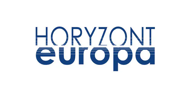 Logo with the text "Horyzont Europa" in bold blue letters on a white background. Horizontal lines intersect the text at different heights.
