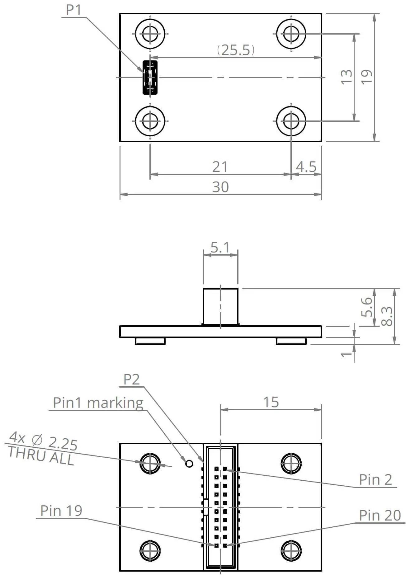 Technical drawing of a micro-connector with three different views. Displays dimensions in millimeters and features like pin positions, hole sizes, and a marking for Pin 1. Includes measurements such as 21x30 mm for the top view and 15 mm depth in the side view.