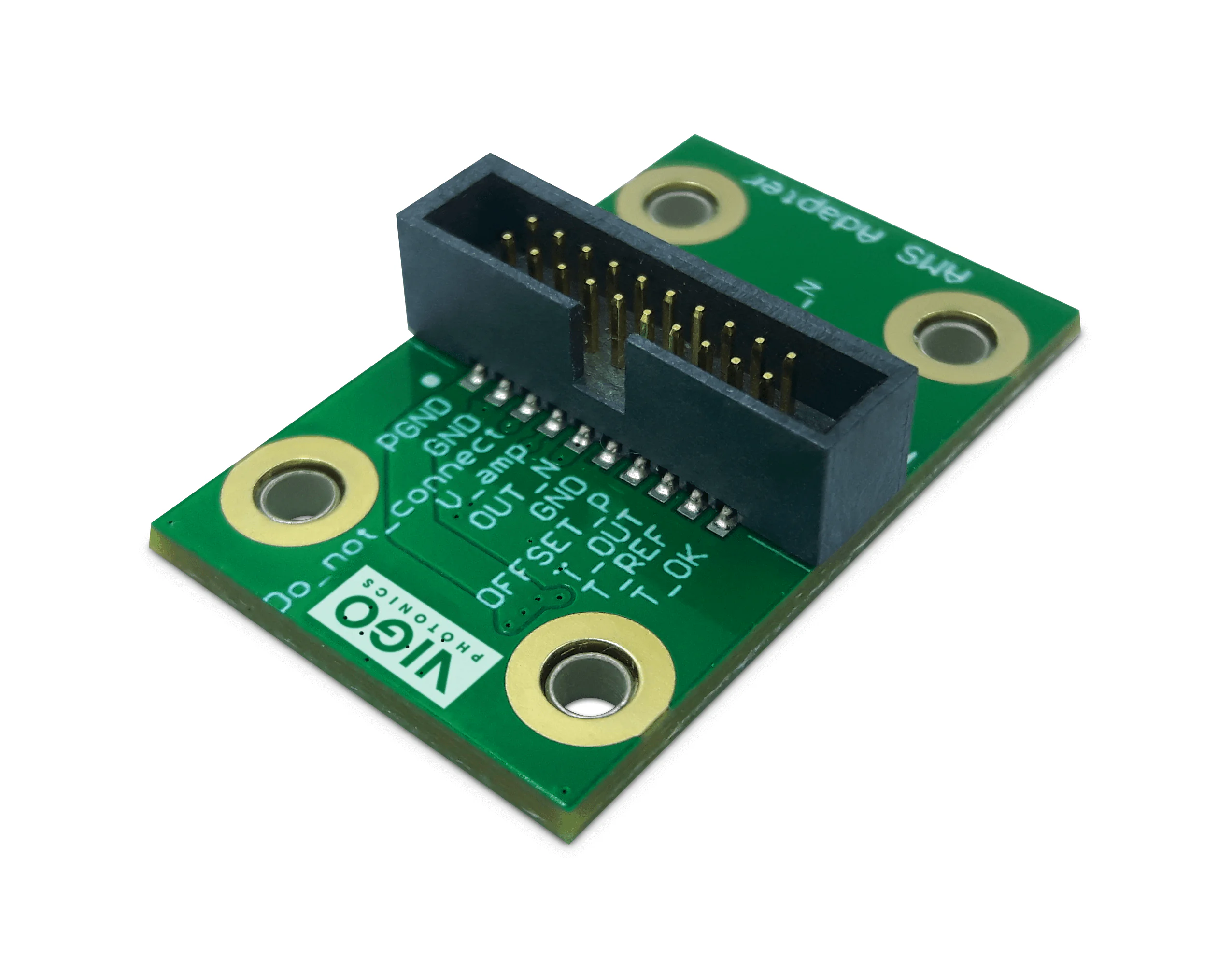 Green electronic circuit board with a black connector and labeled pins, including GND, VIO, IN+, IN-, and others. Mounting holes are at each corner. Branding visible: Viso Systems.