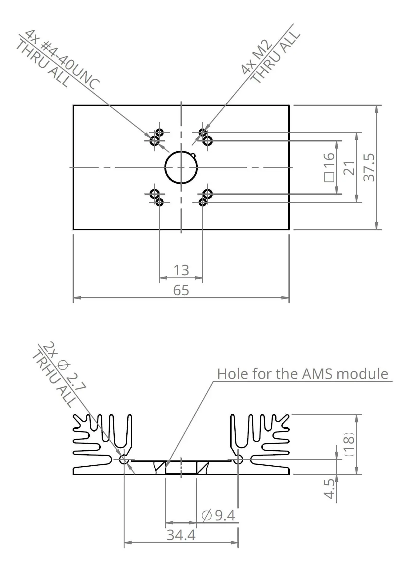Technical drawing of a rectangular metal plate with drilled holes. Top view shows multiple labeled dimensions, including 4x M2 screws and a central circular hole. Side view illustrates a cross-section with heat sink fins and a circular module opening.