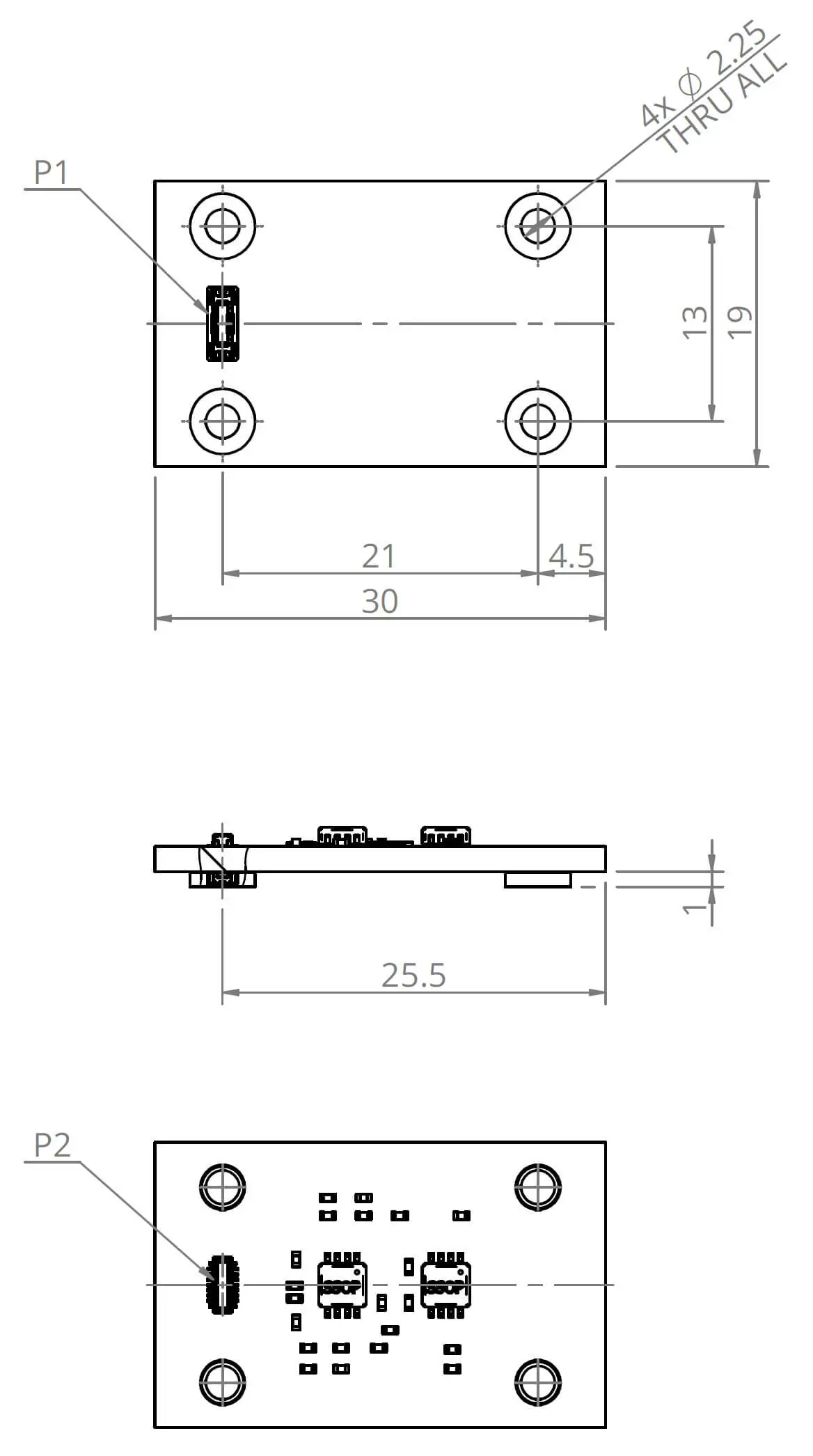 Technical drawing of a rectangular electronic circuit board with various measurements. Top view shows four mounting holes and labeled connectors P1 and P2. Side view displays the board thickness and component layout.