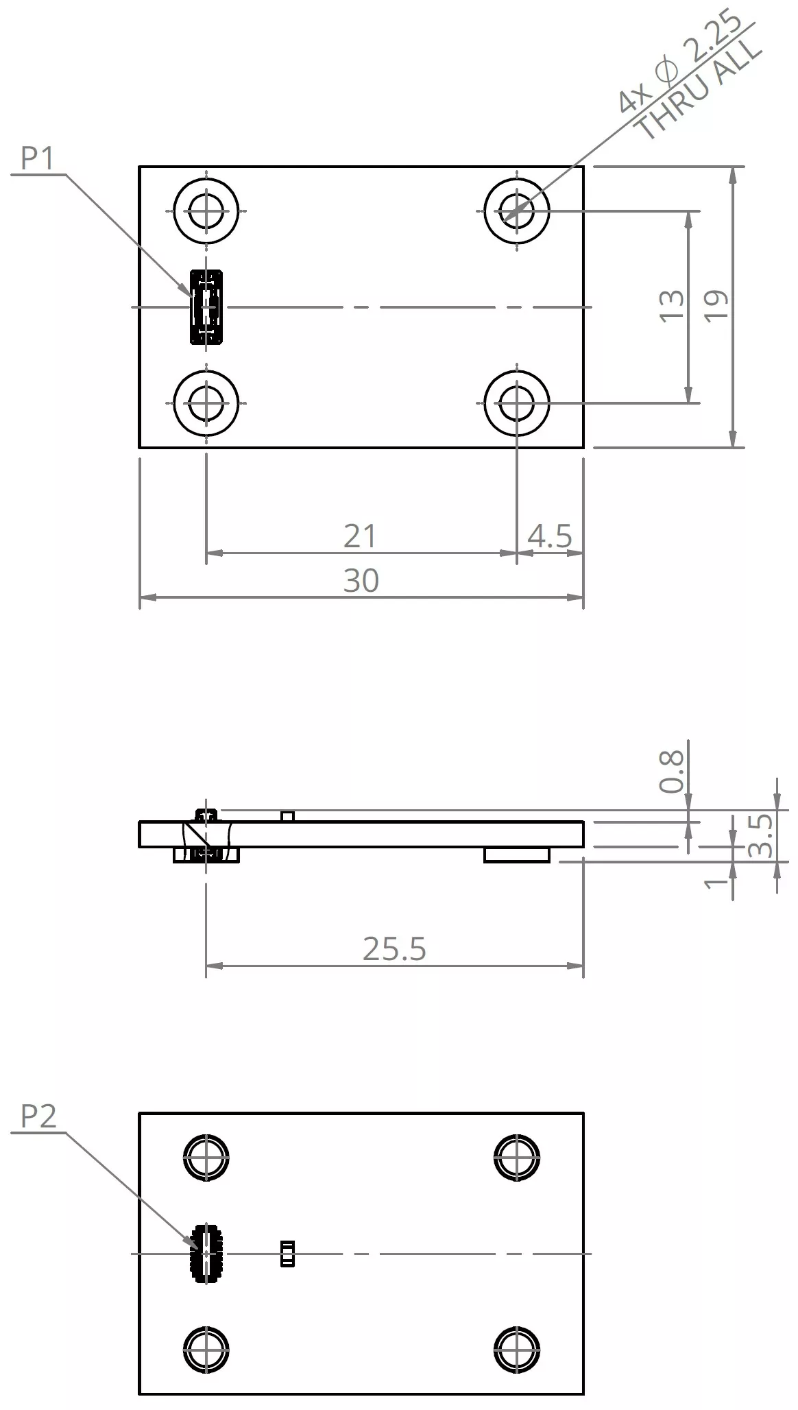 Technical drawing of a rectangular metal plate with dimensions marked in millimeters. Features four holes labeled "4x Ø 2.25 THRU ALL," and specific dimensions such as 19, 13, 21, and 30 mm. Includes side and bottom views labeled P1 and P2.