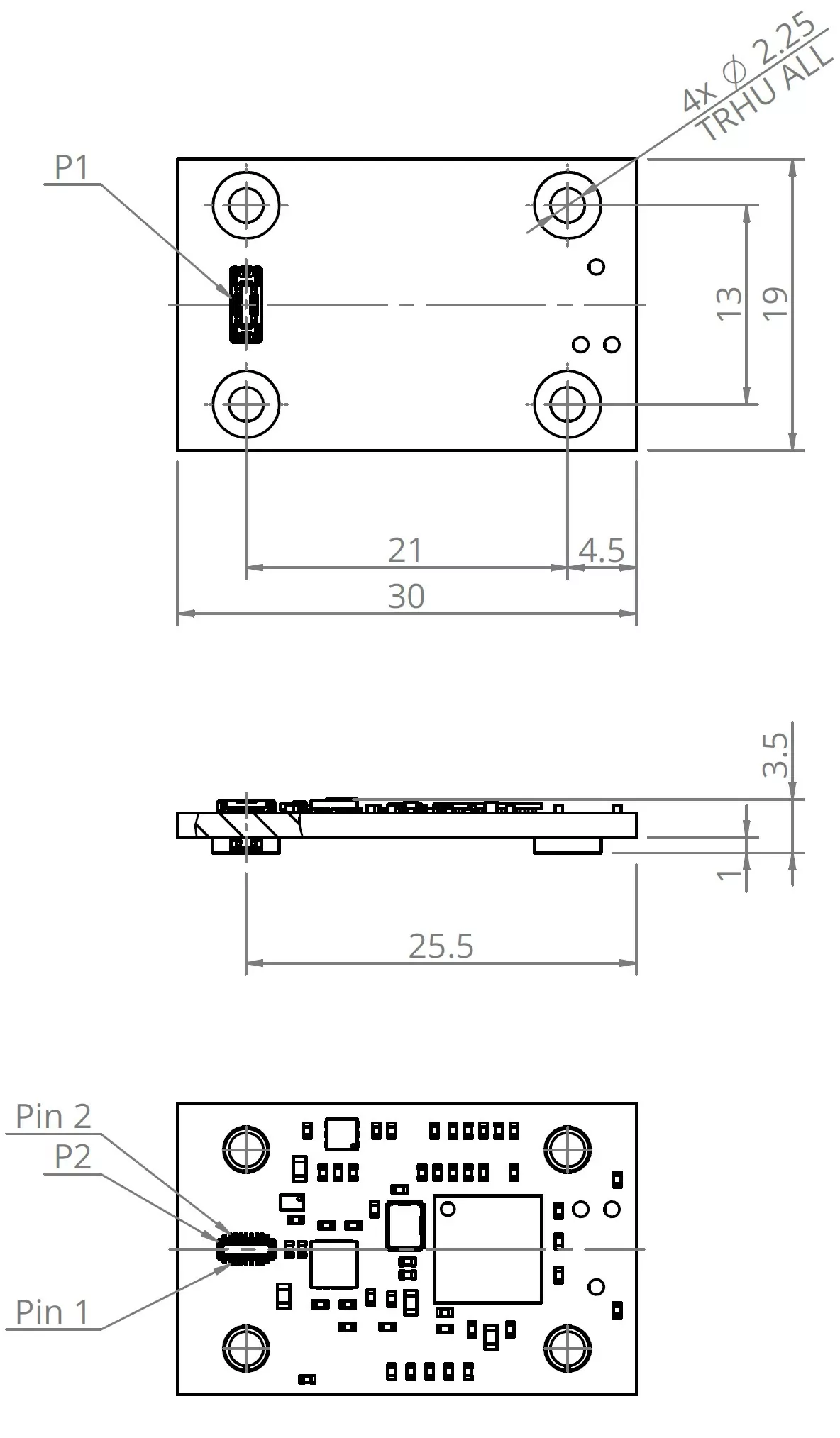 Technical drawing of a small rectangular circuit board with dimensions. Top view shows mounting holes and component placement. Side view indicates thickness. Bottom view details pin connections and circuit layout. Measurements are in millimeters.