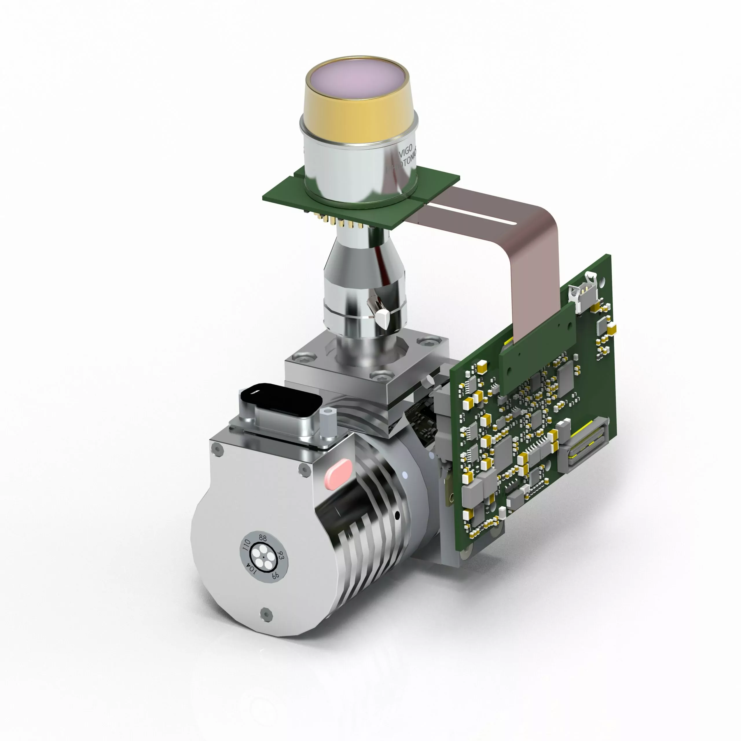 Technical device with a cylindrical sensor, circuit board, and connected components. The sensor is mounted on top, linked by a ribbon cable. It features metallic and electronic parts, indicating use in precision measurement or imaging.