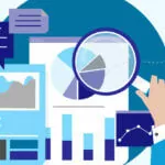 Graphic showing a hand holding a magnifying glass over various charts and graphs. Includes a pie chart, bar graph, and a line graph, all in shades of blue and gray, depicting data analysis and research.