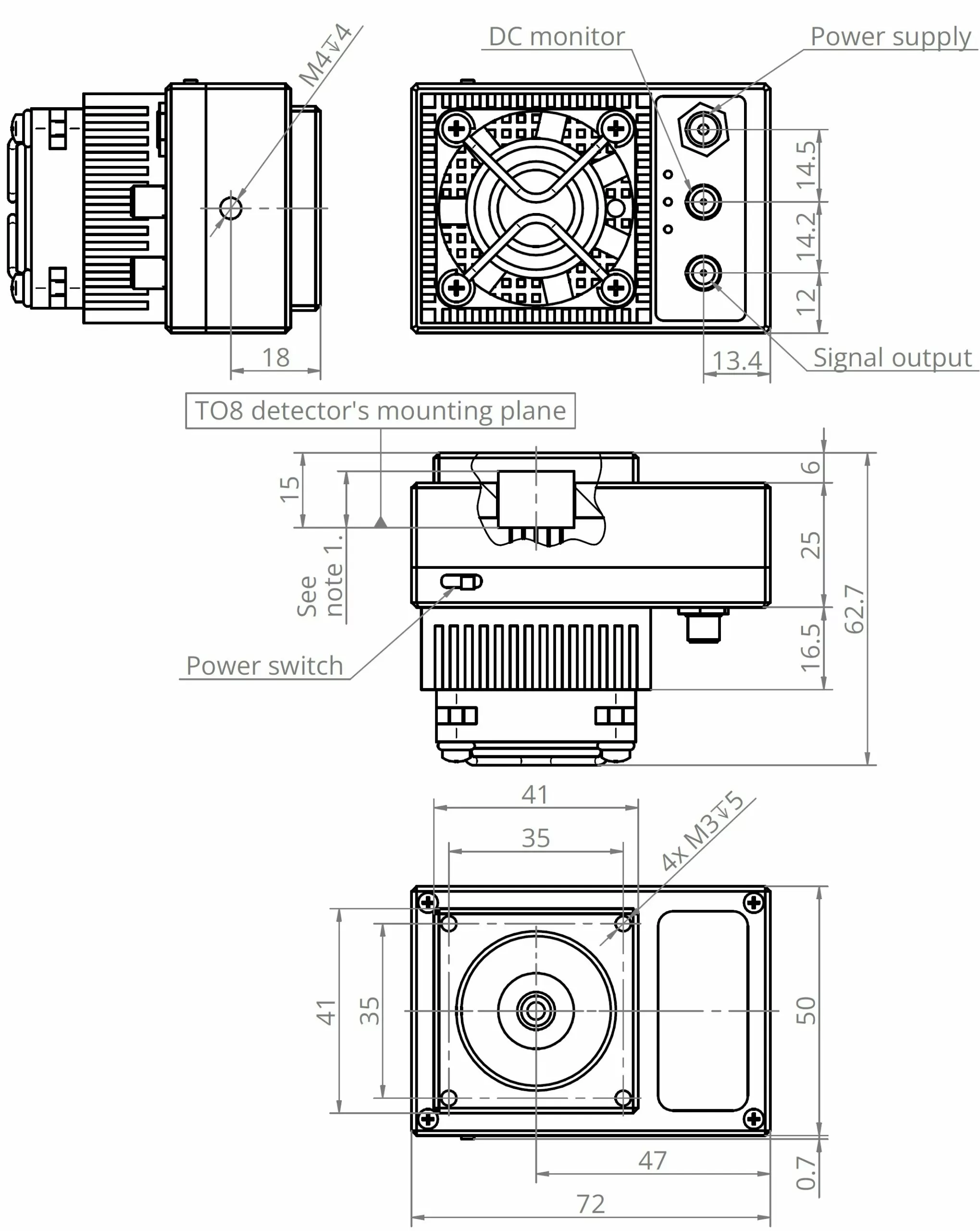 Technical diagram of a TO8 detector's mounting plane, showing dimensions and components like DC monitor, power supply, power switch, and signal output. Includes detailed measurements for mounting and component placements. Labels and arrows indicate parts.