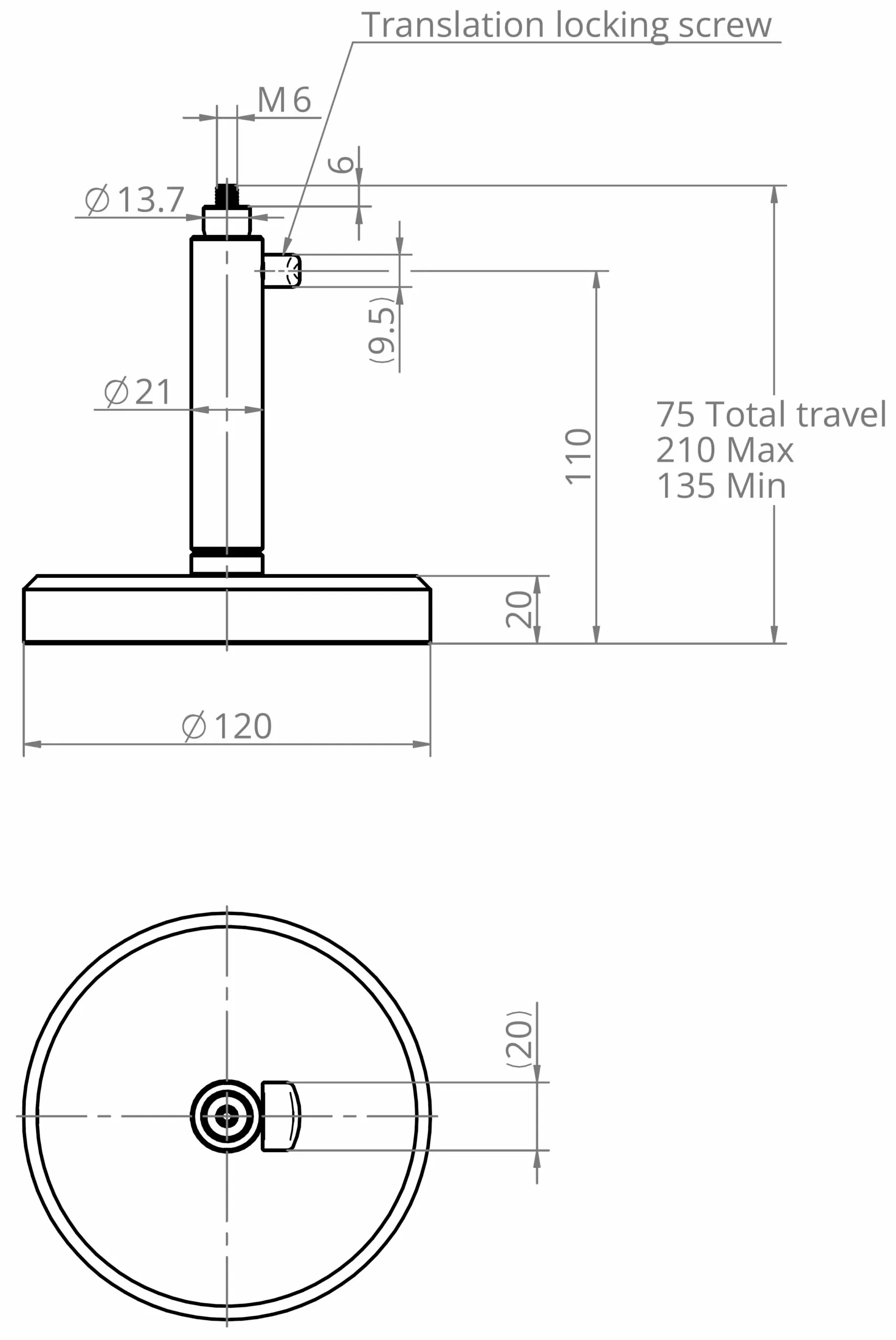 Technical drawing of a cylindrical mechanical component with a circular base, dimensions in millimeters labeled, including a translation locking screw. Side and top views are shown, with annotations for height, diameter, and travel range.