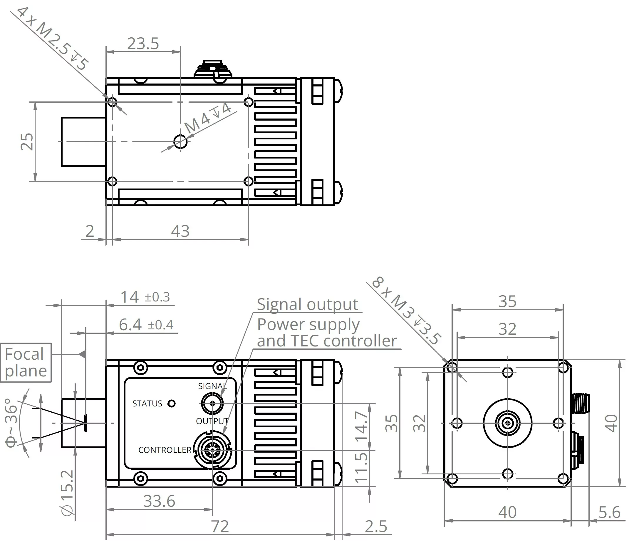 Technical drawing of an electronic device with labeled dimensions and mounting holes. Features include connectors for signal output, power supply, and TEC controller. Various views and measurements are provided for precise installation and design.