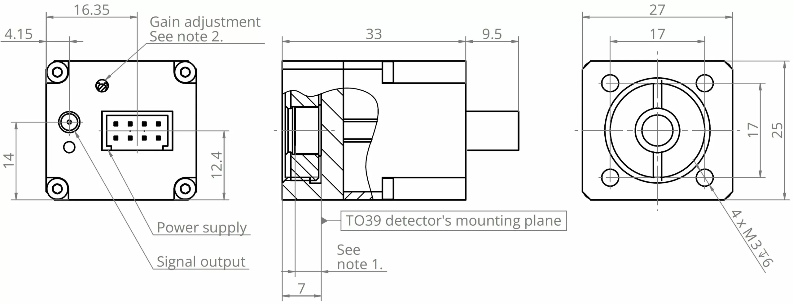 Technical drawing of an electronic component with labeled dimensions, mounting holes, and connector ports. Notes mention "gain adjustment," "power supply," "signal output," and "TO39 detector's mounting plane." Measurements are in millimeters.