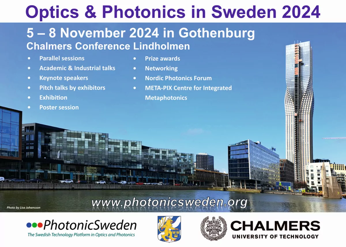 Promotional image for Optics & Photonics in Sweden 2024, taking place in Gothenburg from November 5-8. Includes event highlights like speakers, exhibitions, and networking opportunities. Features cityscape with modern buildings. Hosted by PhotonicSweden and Chalmers.
